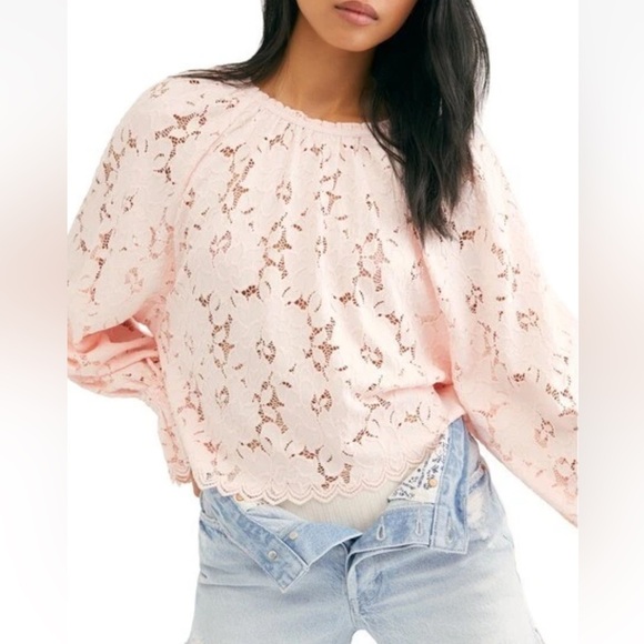 Free People Olivia Balloon Sleeve Lace Blouse Pink Medium NWT OB1037937 - Picture 1 of 5